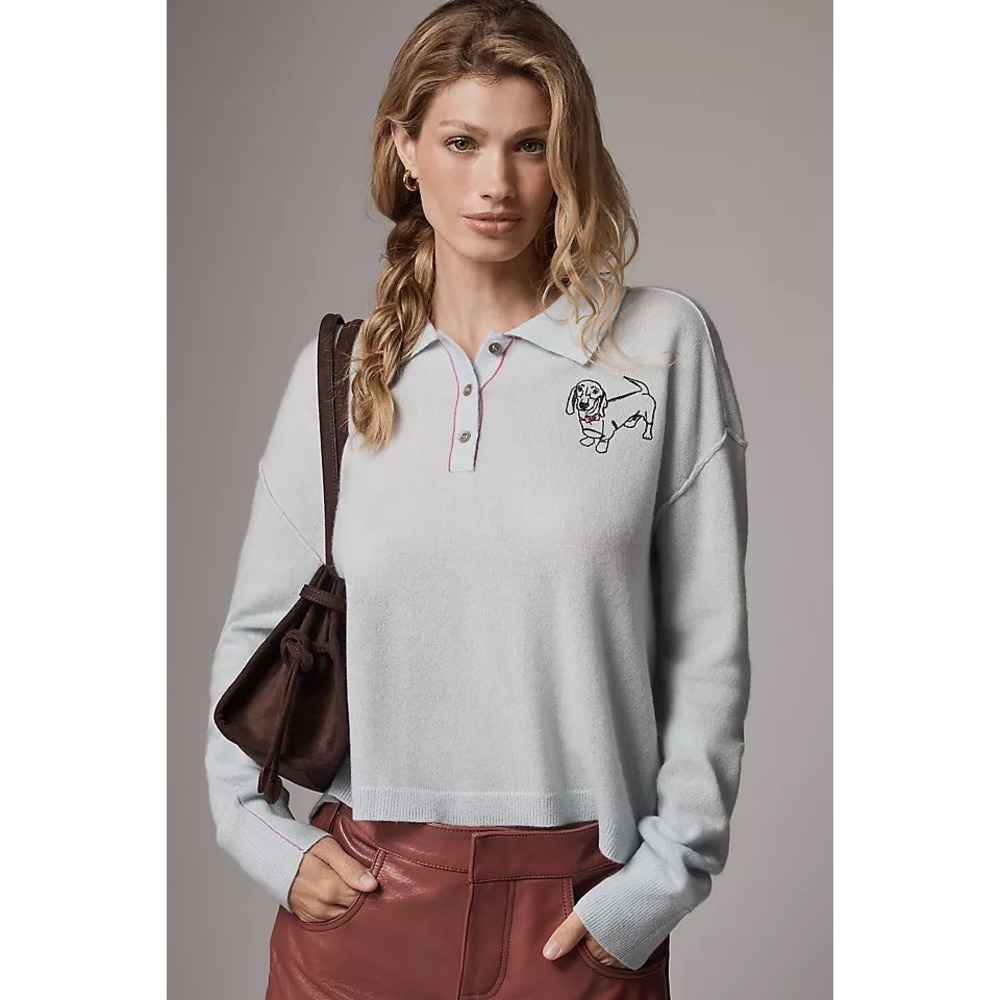 Pilcro Jensen 100% Cashmere Crop Polo Sweater M Blue Dachshund Collection